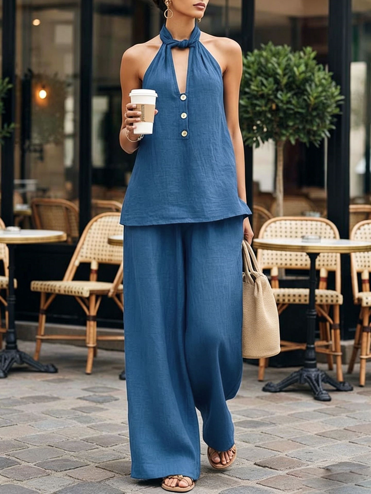 Womens Summer Fashion Sleeveless Deep V-Neck Halter Neck Backless Top and Wide-Leg Pants Two-Piece Set 240731