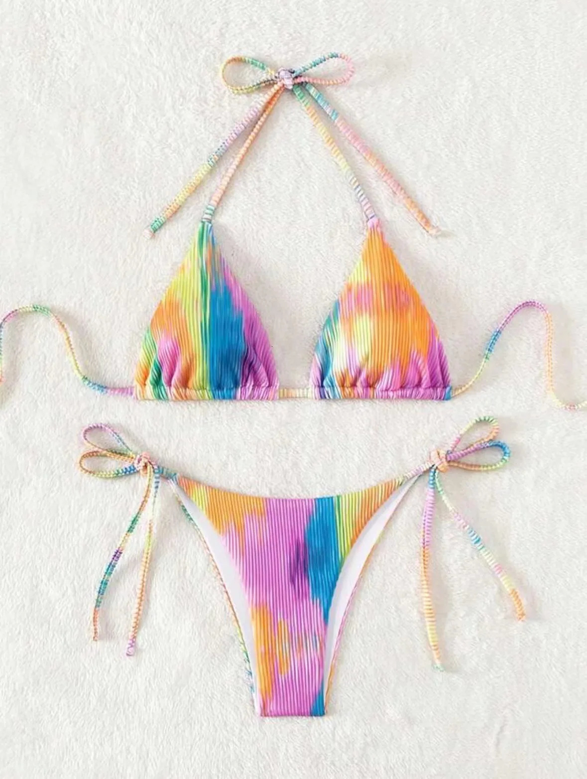Women rainbow print micro bikini sets two pieces tie halter thong swimsuit Swimwear bathing suit beach outfits biquini 260622