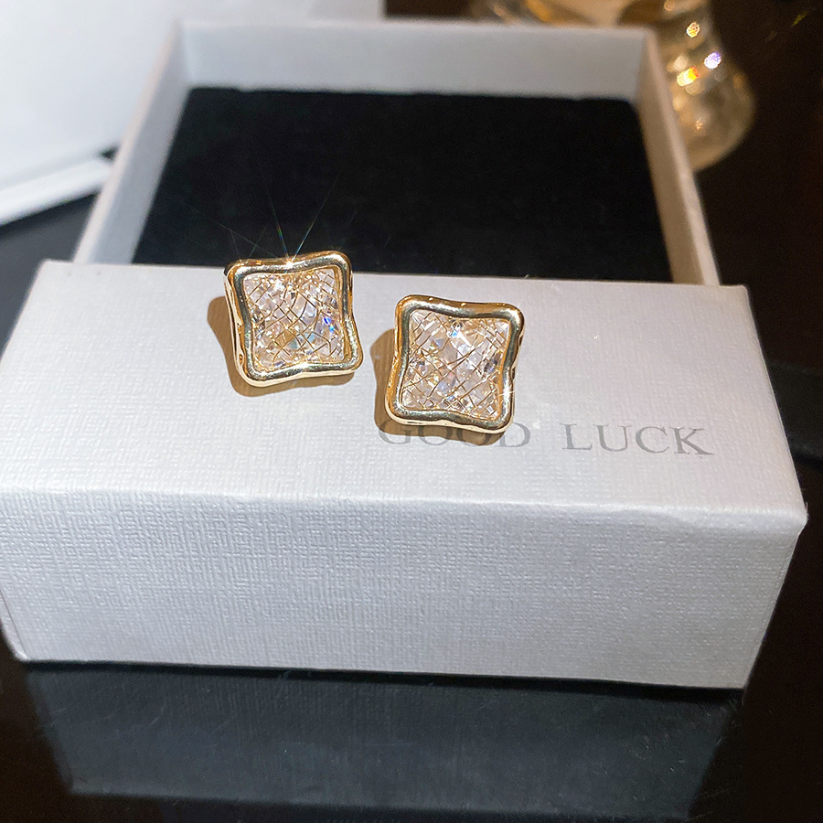 Light luxury high-end feel gold Zircon square mesh stud for women, niche design, fashionable and versatile, exquisite earrings - view 7