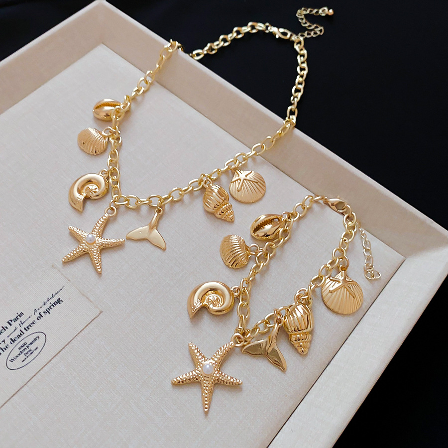 Ocean-themed shell, star, conch pendant necklace and bracelet set, unique design choker, fashionable trendy accessory - view 7