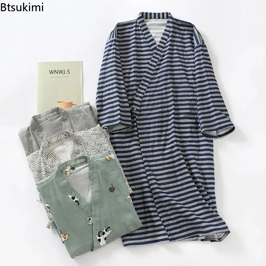 2026 Mens 100 Cotton Gauze Bath Robes Loose Thin Japanese Kimono Pajamas for Men Casual Lace Up Bathrobes VNeck Nightgown 260625 - view 7