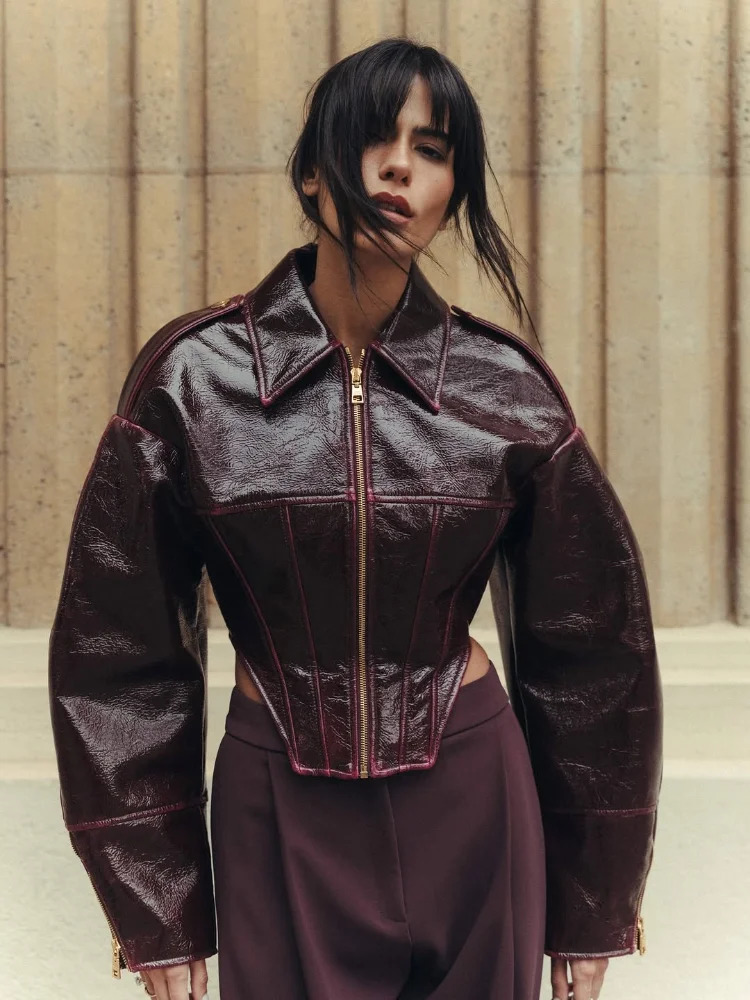 Womens Cropped Faux Leather Jacket Coat Vintage Balloon Sleeve Biker Style PU Outerwear Chic High Street 2026 Spring Outfit 260623 - view 4