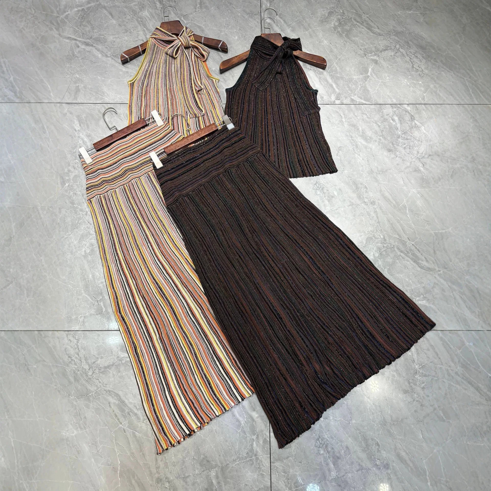 Women Halter Neck Pleated TwoPiece Set Striped Top and Maxi Skirt Elegant Summer Evening Wear Loose Fit Stylish Arrival 260625 - view 4