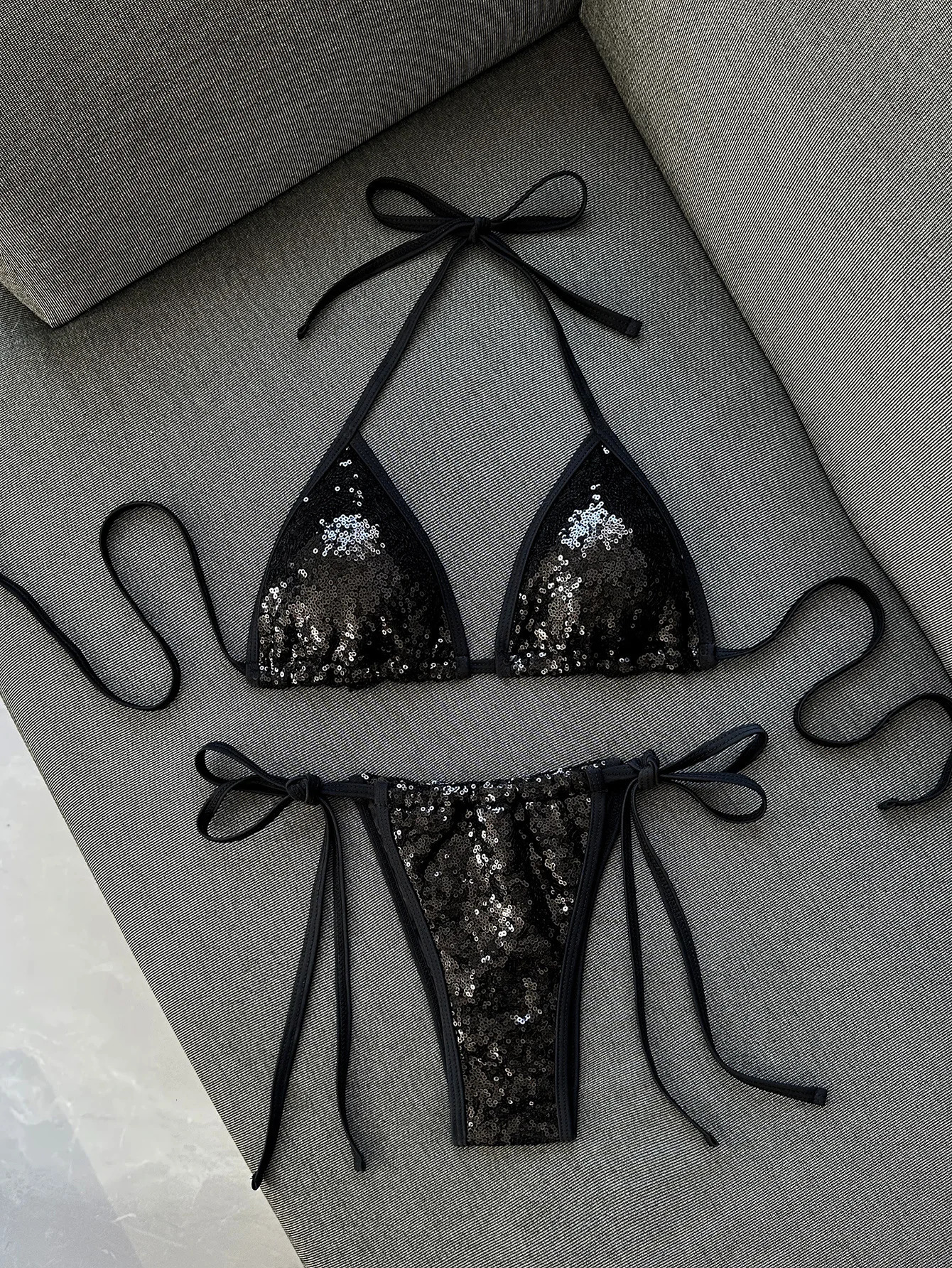 Sexy Shiny Sequin Black Bikini Set 2026 Women Push Up Bra Tie Side Thong Swimsuit Beach Bathing Suit Hoiday Swimwear Biquini 260622