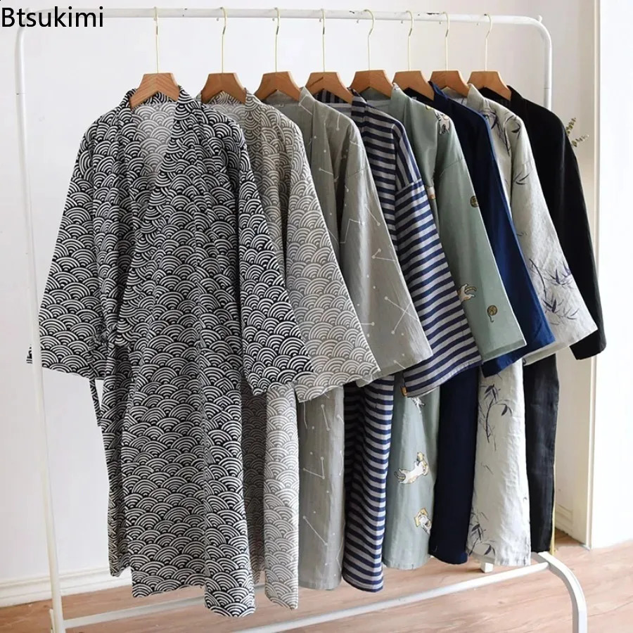 2026 Mens 100 Cotton Gauze Bath Robes Loose Thin Japanese Kimono Pajamas for Men Casual Lace Up Bathrobes VNeck Nightgown 260625 - view 5
