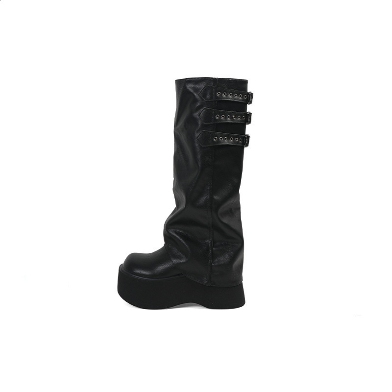 Punk style belt buckle long knee high womens boots fashion platform high heels autumn winter skating party Botas Mujer 250225
