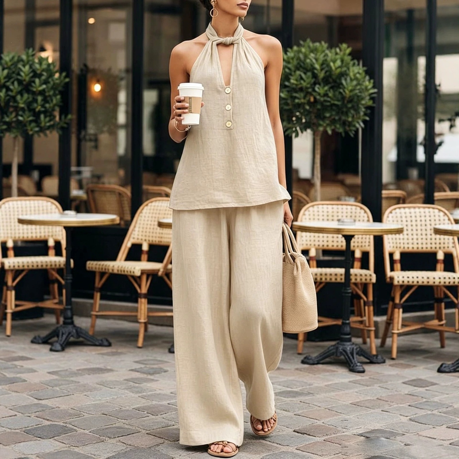 Womens Summer Fashion Sleeveless Deep V-Neck Halter Neck Backless Top and Wide-Leg Pants Two-Piece Set 240731