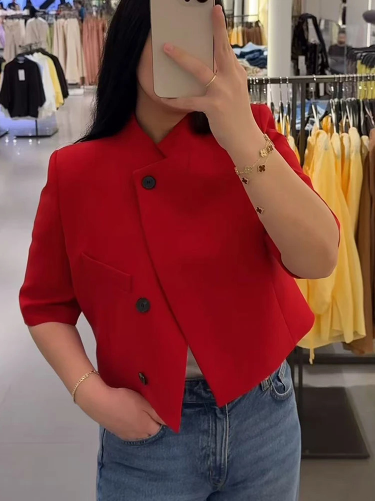 TFMLN Women Solid Jacket Coats Half High Neck Short Sleeve Commuting Outerwear Female Spring Chic Casual Daily Jackets Top 260625 - view 6