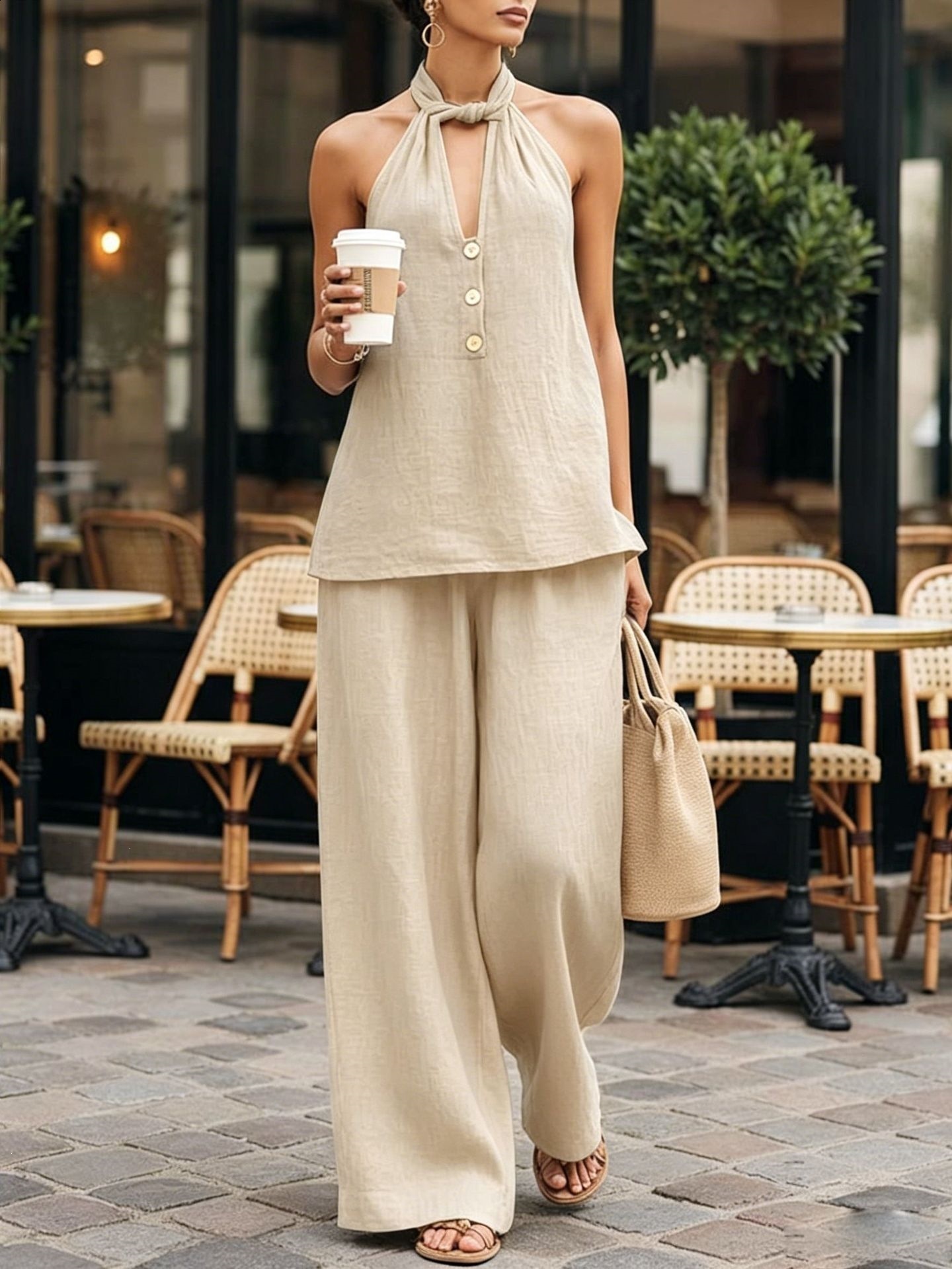 Womens Summer Fashion Sleeveless Deep V-Neck Halter Neck Backless Top and Wide-Leg Pants Two-Piece Set 240731
