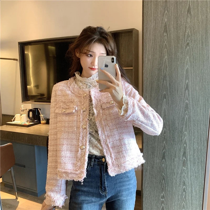 Women French Style Tweed Jacket 2026 Spring Autumn Elegant Round Neck Long Sleeve Top Gold Button Cropped Cardigan Outerwear 260618 - view 5