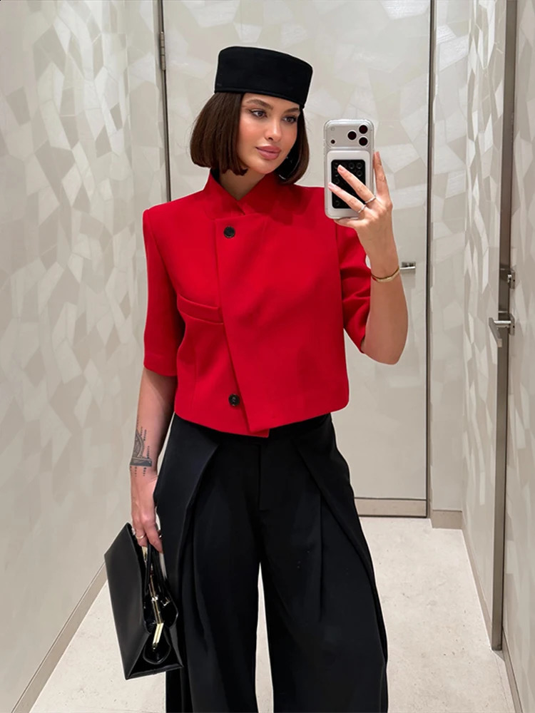 Women Chic Cropped Blazer Jacket Stand Collar 34 Sleeve Single Breasted Shoulder Pad Top 2026 Spring Summer Fashion Street Coat 260625 - view 7