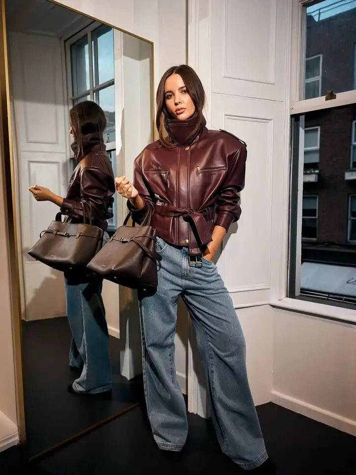Retro Burgundy Waist Cinching Jacket Women Fashion Lace Up Stand Collar Zipper Bucket Short Jackets Lady High Street Coat 260618 - view 3