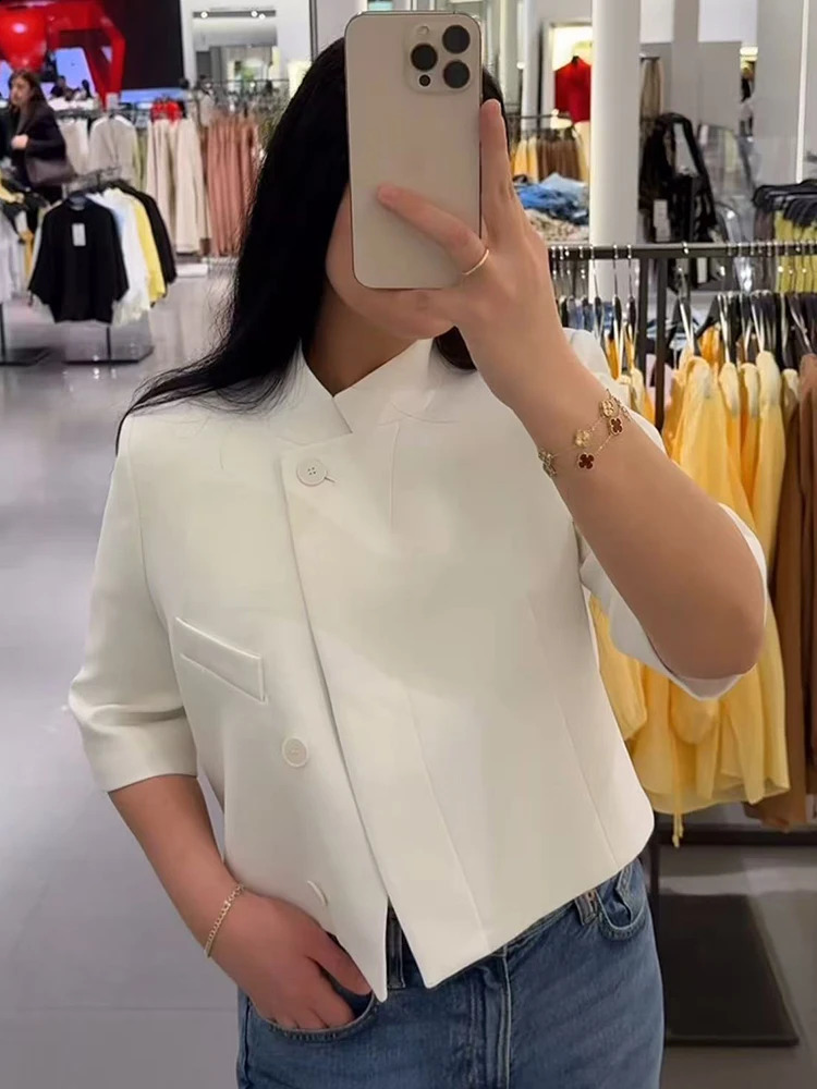 TFMLN Women Solid Jacket Coats Half High Neck Short Sleeve Commuting Outerwear Female Spring Chic Casual Daily Jackets Top 260625 - view 4