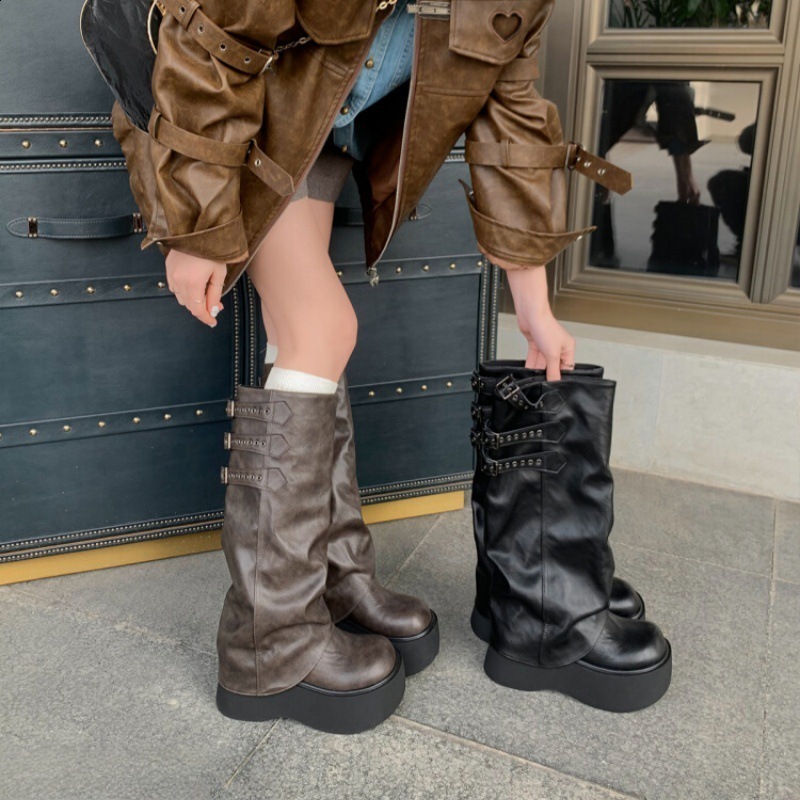 Punk style belt buckle long knee high womens boots fashion platform high heels autumn winter skating party Botas Mujer 250225