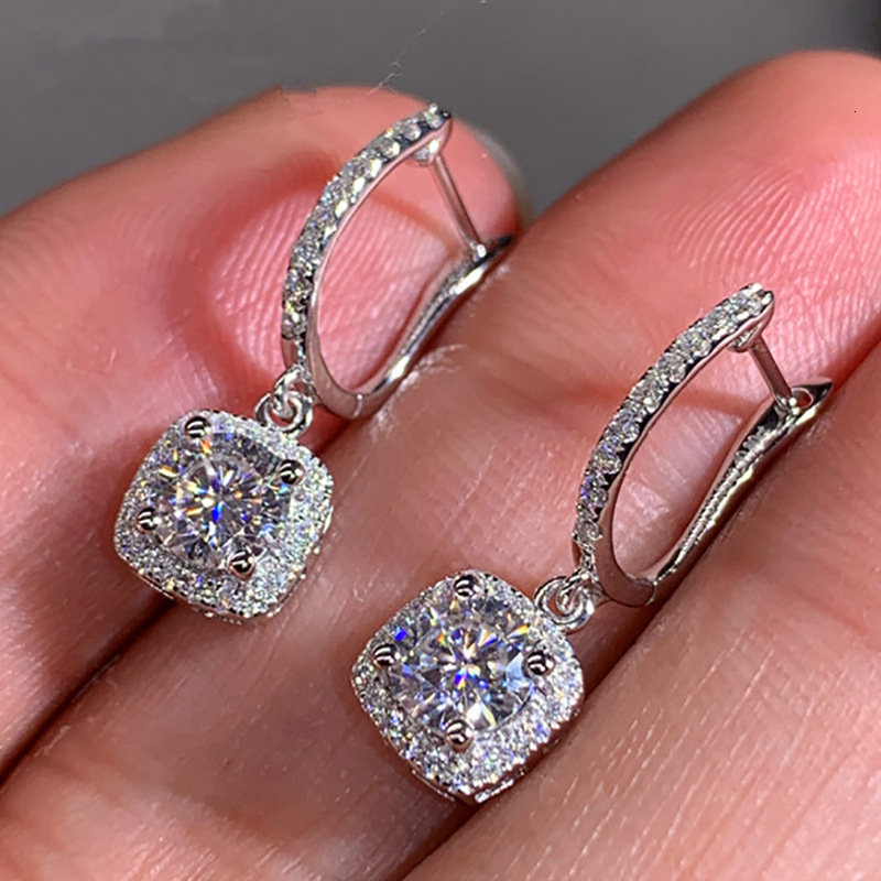 Women Micro Pave Zircon Hoop Drop Earrings Square Crystal Dangle Ear Buckle Luxury Silver Plated Fashion Jewelry