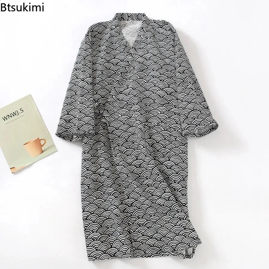 2026 Mens 100 Cotton Gauze Bath Robes Loose Thin Japanese Kimono Pajamas for Men Casual Lace Up Bathrobes VNeck Nightgown 260625 - view 4