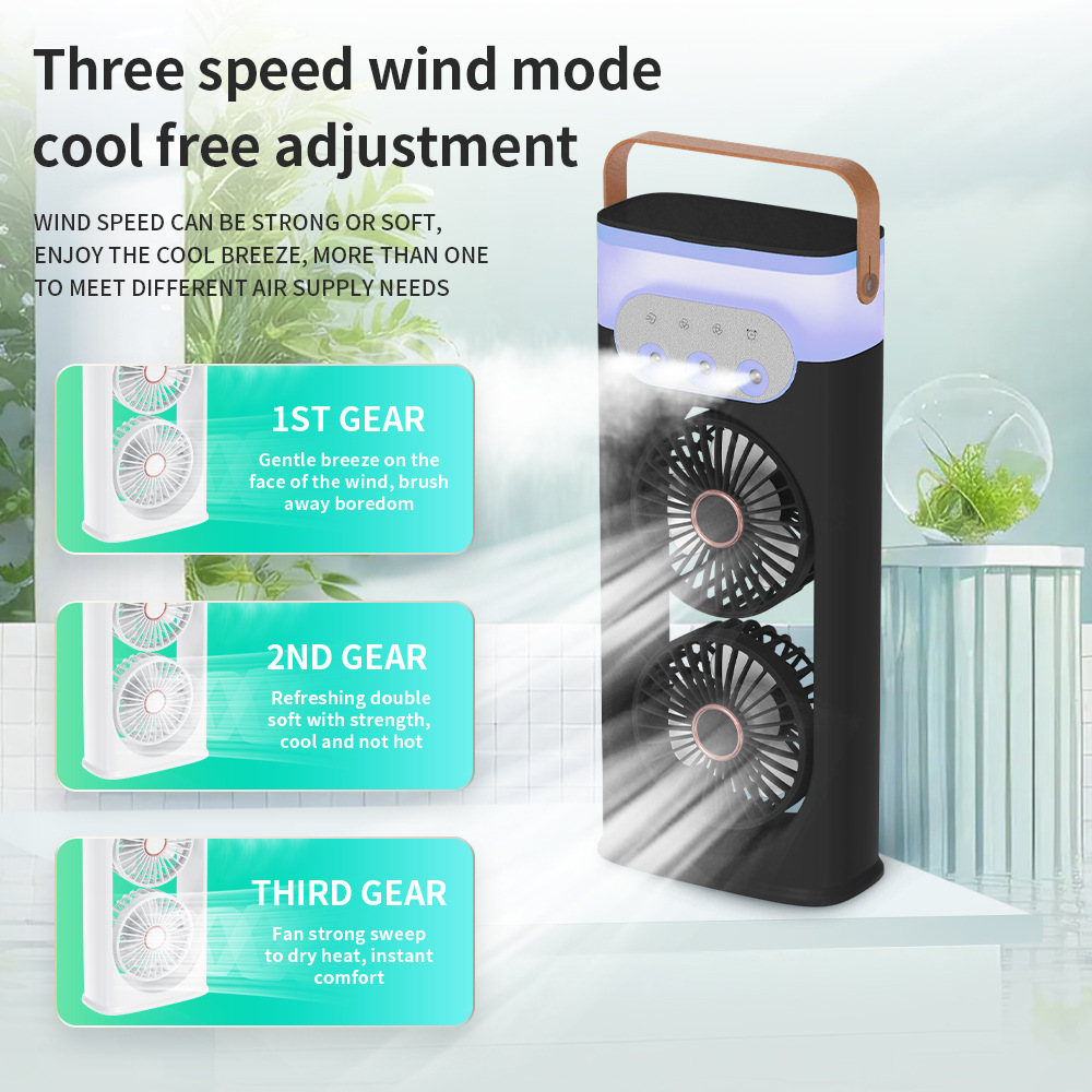 Dual Head Mist Humidify Desk Fan 3 Speed Ambient Light Circulation Cooling Fan
