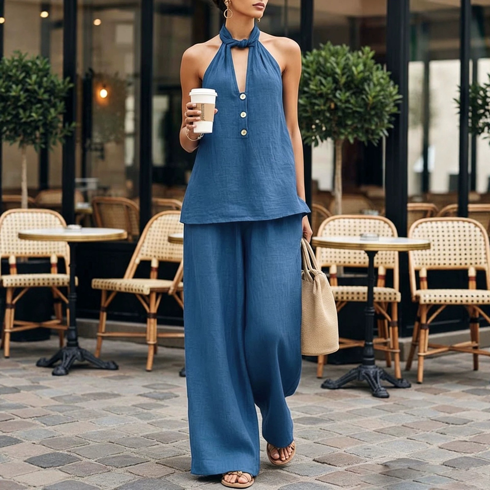 Womens Summer Fashion Sleeveless Deep V-Neck Halter Neck Backless Top and Wide-Leg Pants Two-Piece Set 240731