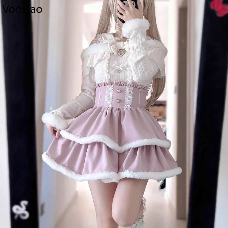 Japanese Style Gothic Y2k Lolita Skirt Set Women Sweet Fur Off Shoulder Bow Blouse Tops Plaid High Waist Theme Party Suits 260625 - view 5
