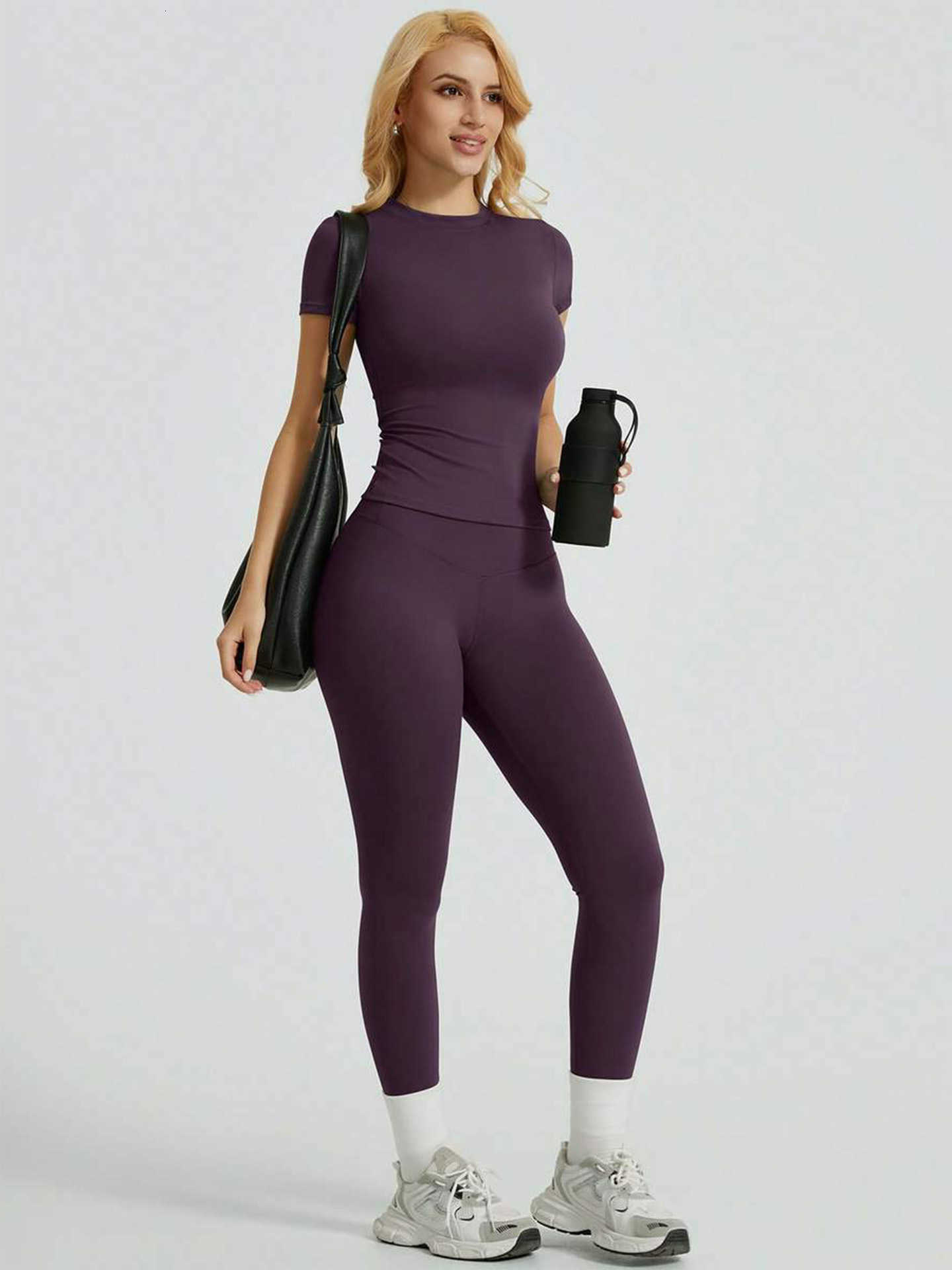 Piece Yoga Set Women 2 Short Sleeve Top High Waist Leggings Gym Workout Clothing Tummy Control Fitness Sportswear Activewear Sui M260626