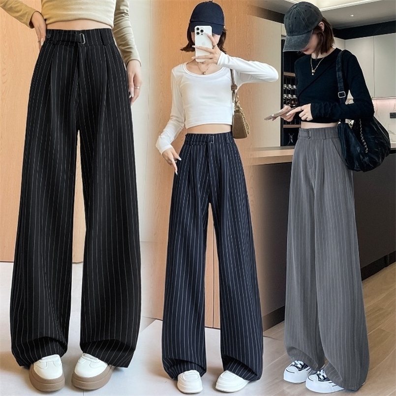 Autumn Vintage Striped Loose Womens Wide Leg Pant Button Spring High Waist Female Straight Office Full Length Trousers 260624 - view 6