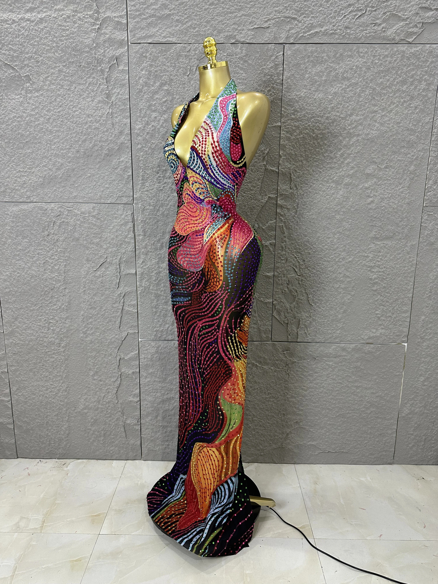 2026 Colorful Rhinestone Print Long Dress Woman Halter Deep V Neck Backless Women Birthday Eveing Party Club Stage Costume 260625 - view 3