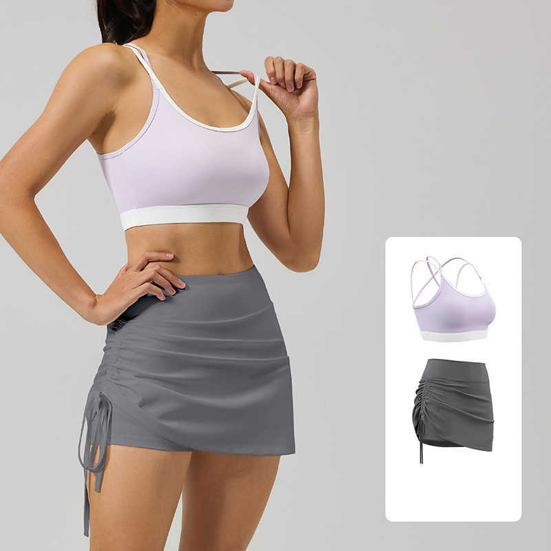 Ruched Side 2026 Drawstring Women 2 Piece Yoga Sets Color Block Sports Bra High Stretch Shockproof Running Workout Sportswear M260626