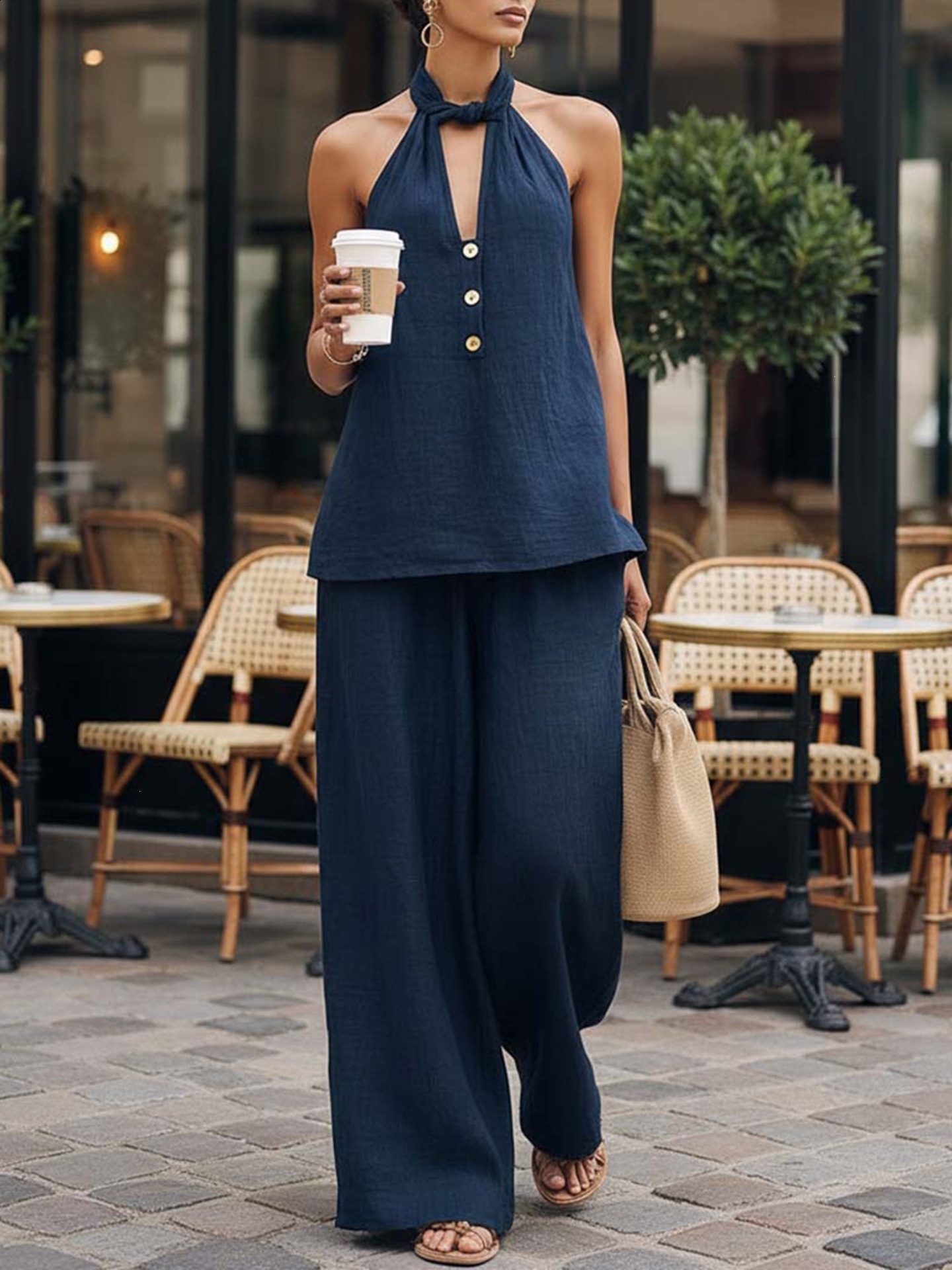 Womens Summer Fashion Sleeveless Deep V-Neck Halter Neck Backless Top and Wide-Leg Pants Two-Piece Set 240731