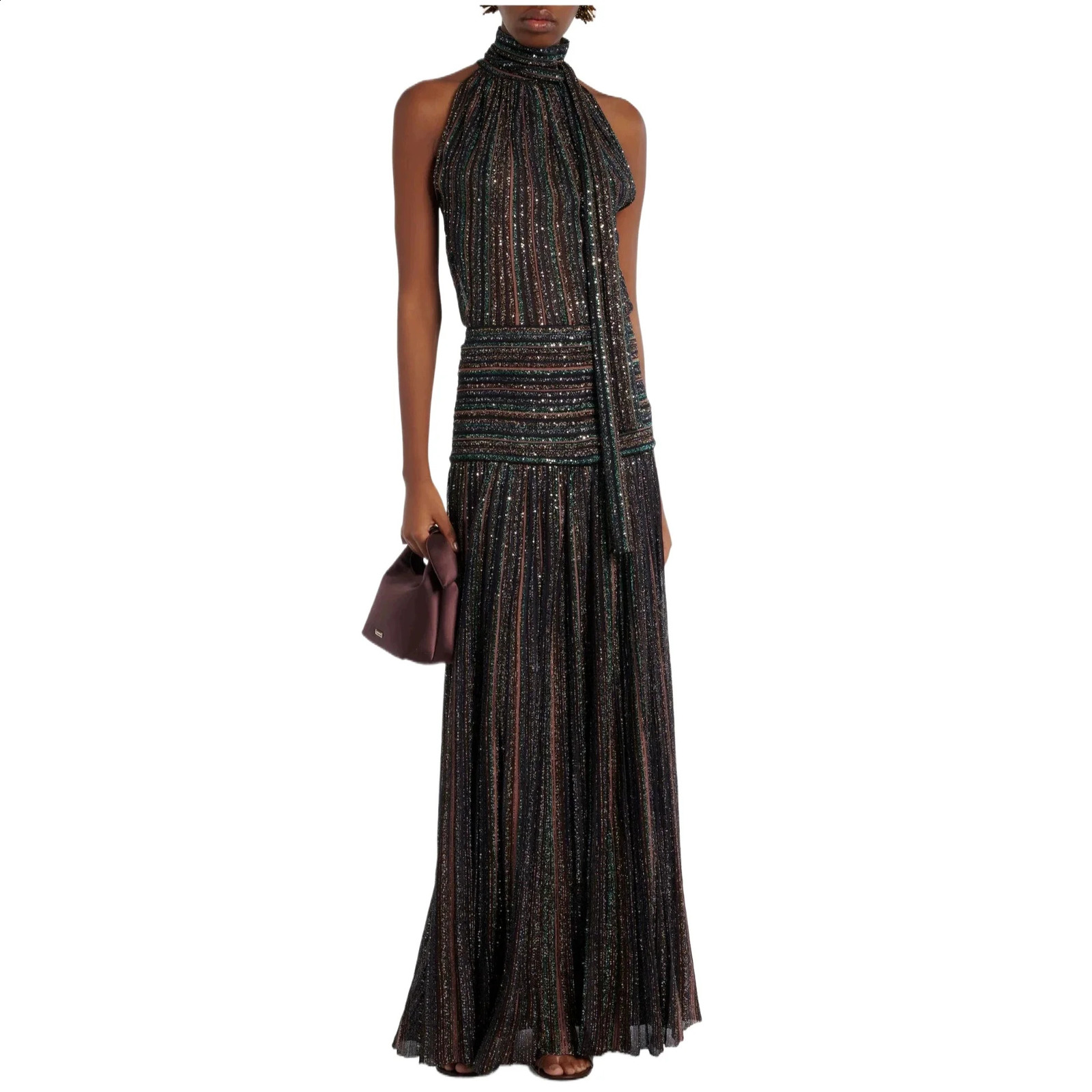 Women Halter Neck Pleated TwoPiece Set Striped Top and Maxi Skirt Elegant Summer Evening Wear Loose Fit Stylish Arrival 260625 - view 7