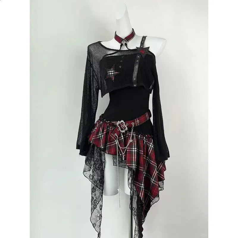2026 Gothic Harajuku 2 Piece Sets Womens Vintage Y2k Crop Top Blouse Black High Waist Retro Skirt Belt Party Chic 260625 - view 4