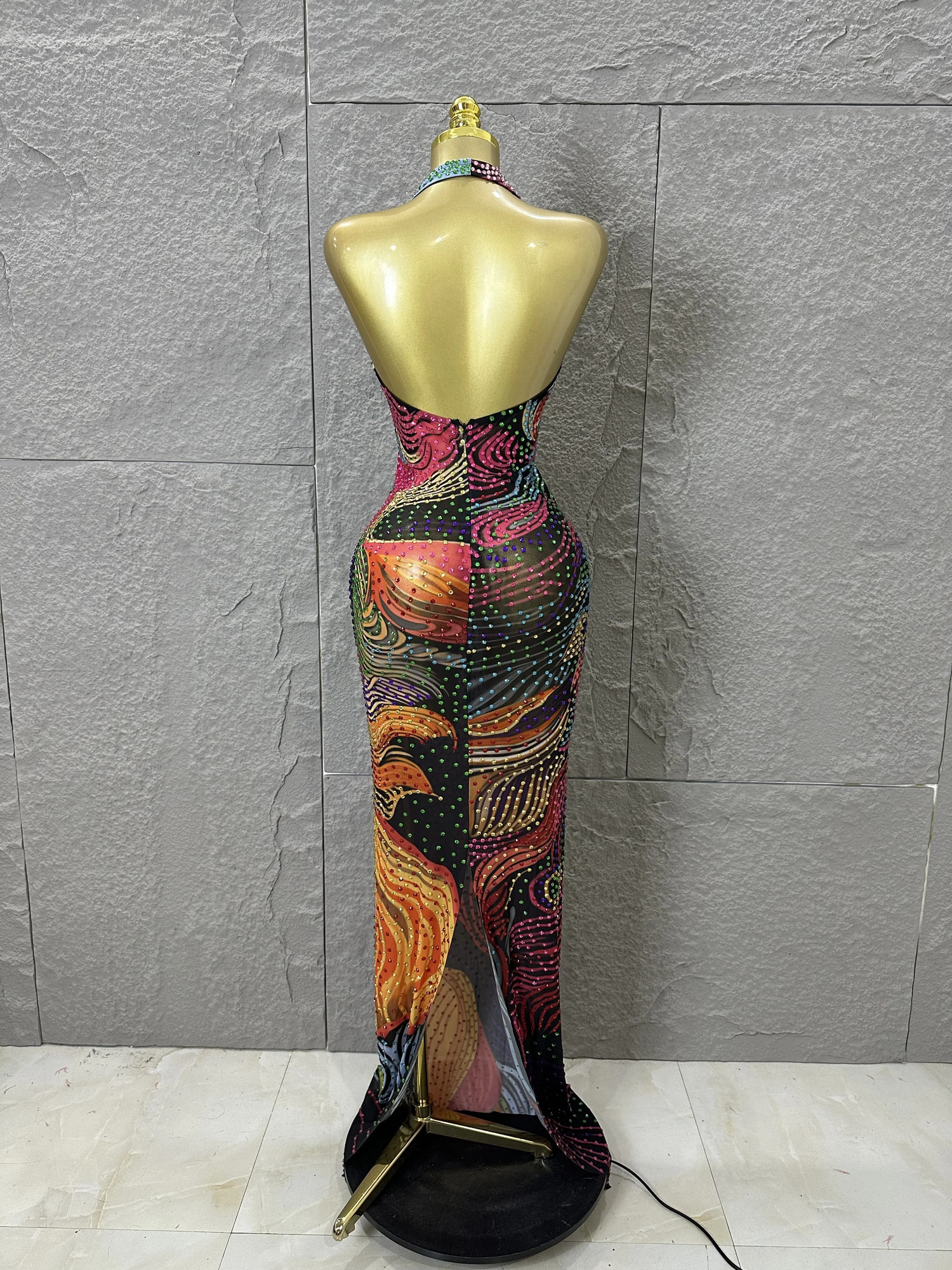 2026 Colorful Rhinestone Print Long Dress Woman Halter Deep V Neck Backless Women Birthday Eveing Party Club Stage Costume 260625 - view 5