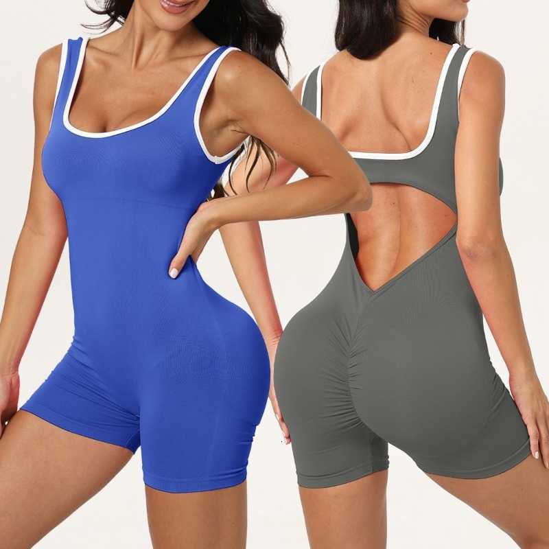 Yoga Women Colorblock Open Bodysuit Padded U-neck Sleeveless Workout Fitness Gym Athletic Fashion Short Jumpsuit M260626