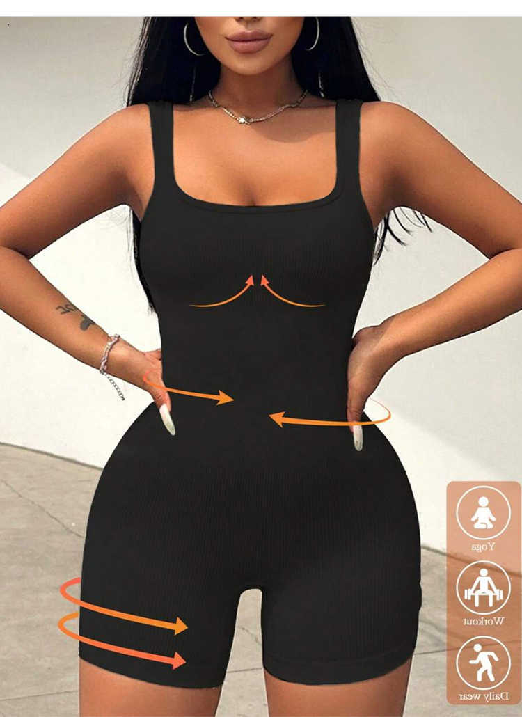 Solid Color Square Neck Womens Sleeveless Bodysuit breathable Slim Fit Tank Short Jumpsuit for Workout Gym Fitness Daily Wear M260626 - view 1