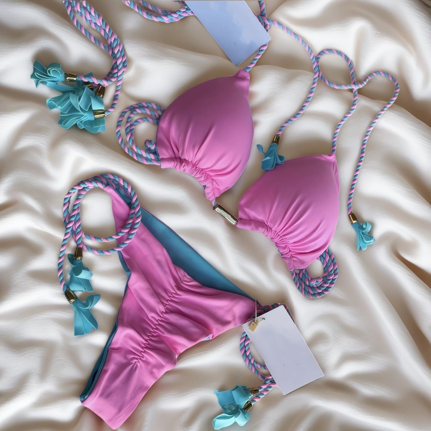 Women Bikini Backless Rope Triangle Swimsuit Multicolor 260622CJ - view 3