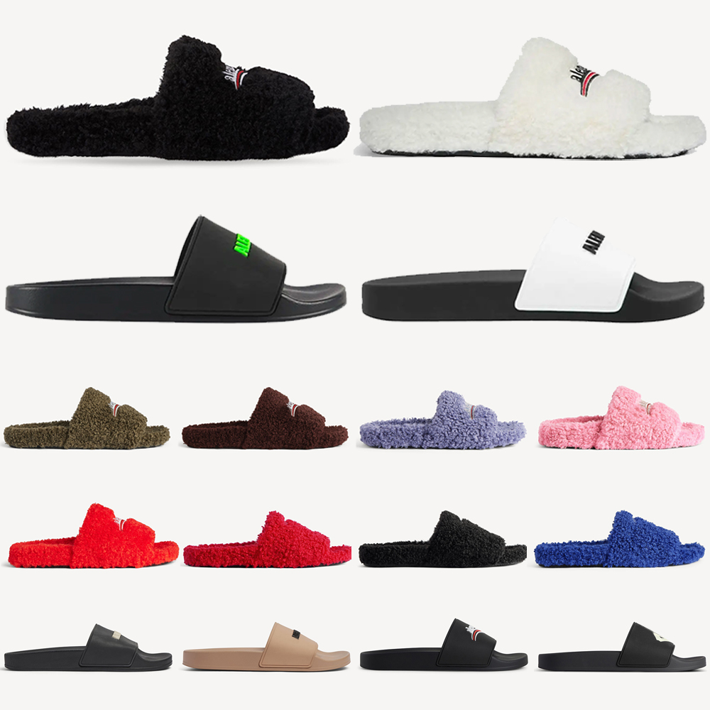 Designer Paris Brand Fluffy Fur Slide Slippers Men Women Embroidery Stripe Letter Curly Plush Cozy House Sandals Black White Fashion Daily Wear Footwear Size 35-45
