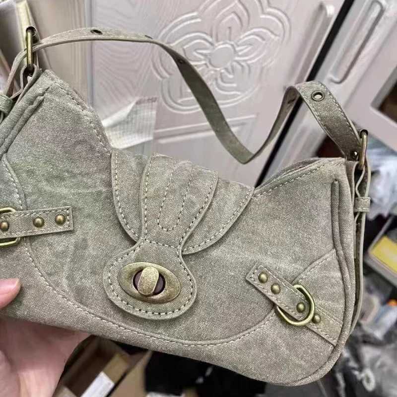 Shoulder Y2k Vintage American Street Style Rivets Green Canvas Handbag Gothic Punk Biker Cool Designers Underarm Bag HandbagT260716 - view 5