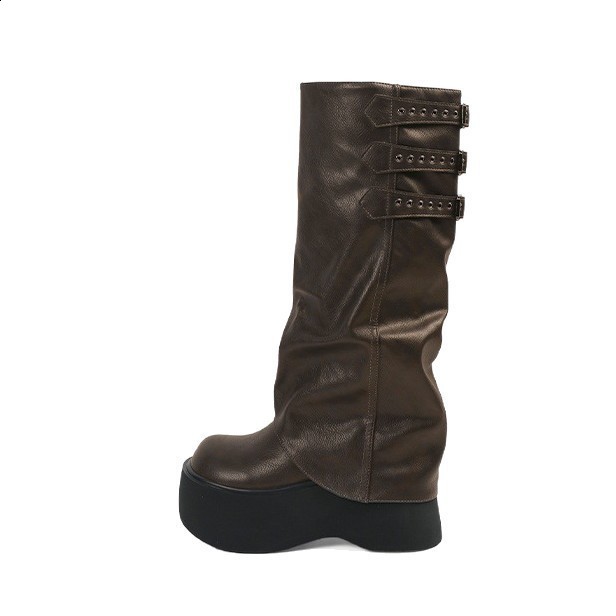 Punk style belt buckle long knee high womens boots fashion platform high heels autumn winter skating party Botas Mujer 250225