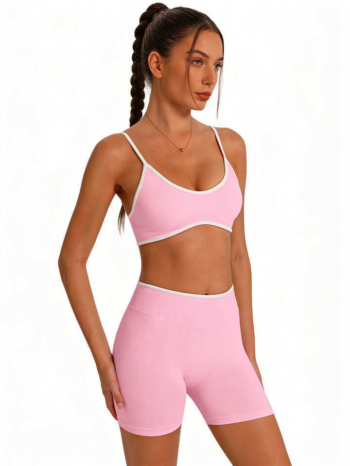 Set 2 Piece Women Workout Contrast Trim Yoga Sports Bra Biker Shorts Activewear M260626