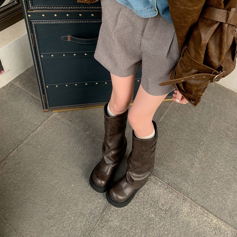 Punk style belt buckle long knee high womens boots fashion platform high heels autumn winter skating party Botas Mujer 250225