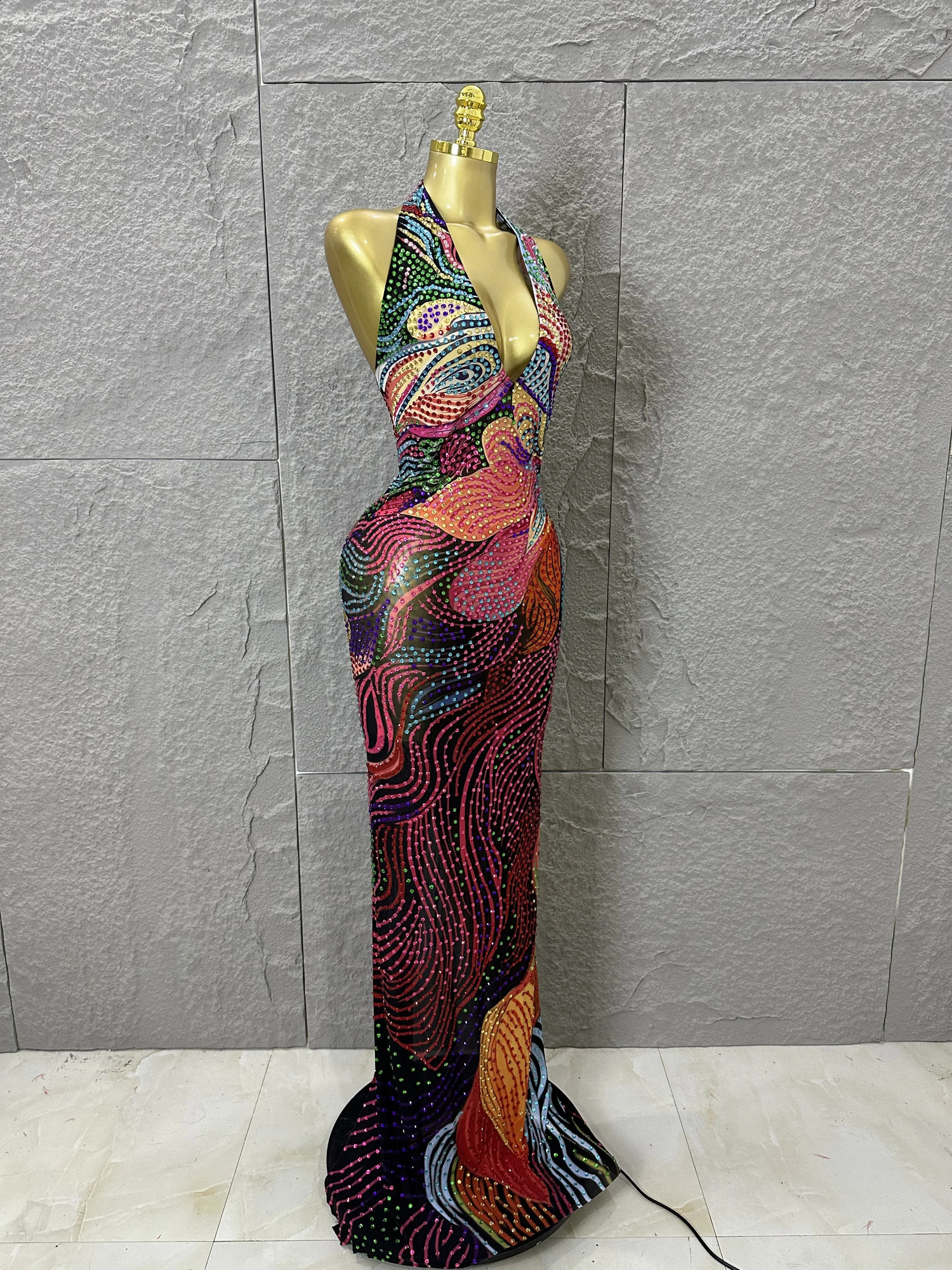 2026 Colorful Rhinestone Print Long Dress Woman Halter Deep V Neck Backless Women Birthday Eveing Party Club Stage Costume 260625 - view 6