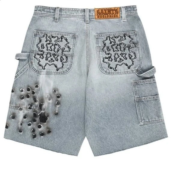 Streetwear Vintage Denim Shorts Y2K Jeans Hip Hop Union Jack Graphic Retro Baggy Shorts Low Rise Over The Knee Pant Casual Short 251028
