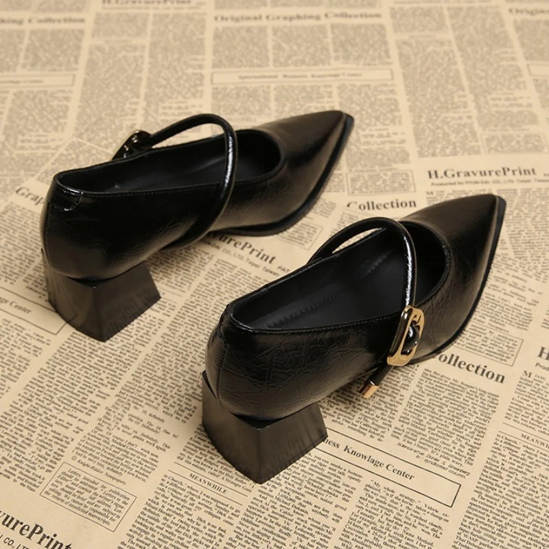 Retro mid-length single shoes spring and summer fashion belt buckle pointed toe comfortable shallow toe leather shoes 260625 - view 7