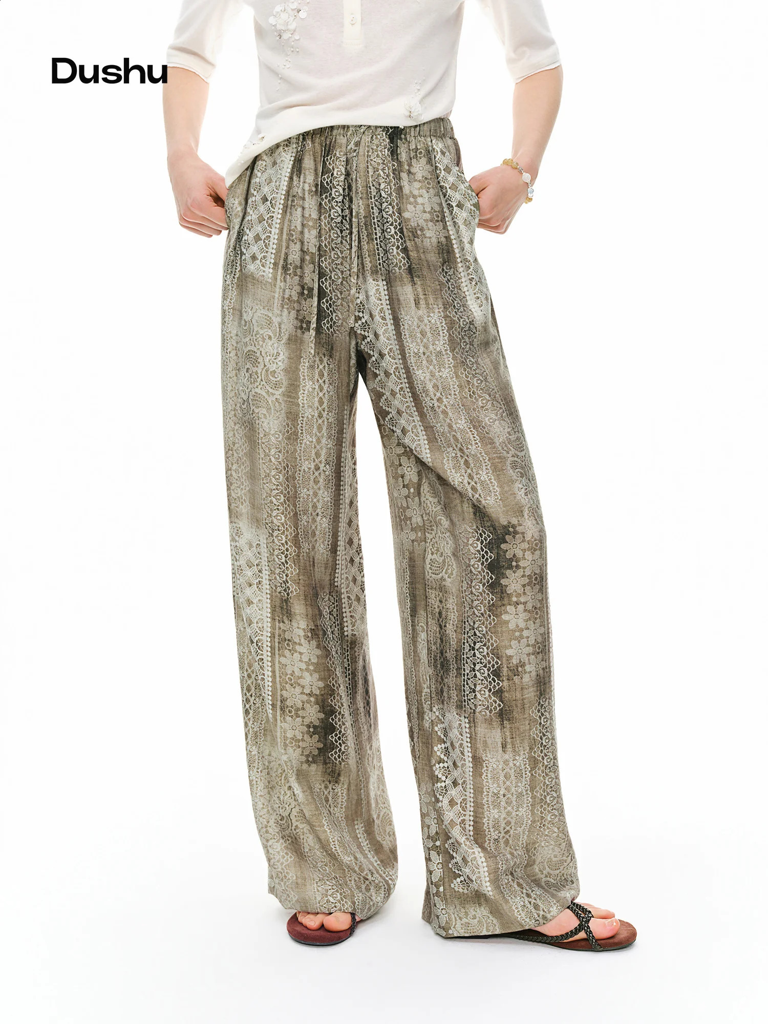 DUSHU Women 2026 Summer Vacation Style Linen Blend Wide Leg Pants Loose Casual Straight Trousers FigureFriendly MultiSize 260615