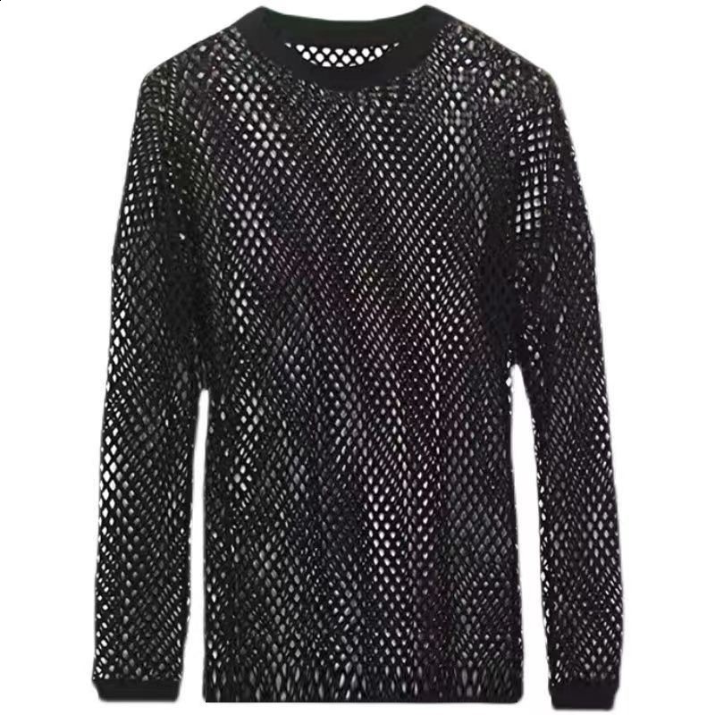 Mens mesh long-sleeve off-shoulder see-through T-shirt sexy nightclub wear breathable and versatile mesh hollow-out base shirt250312