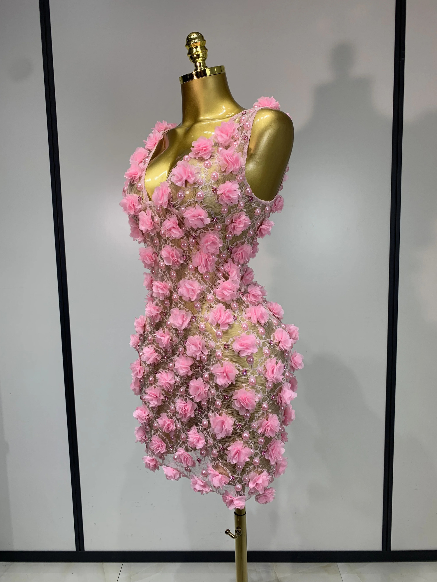Women y Pink Flowers Pearls Lace See Through Bodycon Mini Dress Birthday Poshoot Evening Party Nightclub Stage Costume 260625 - view 3