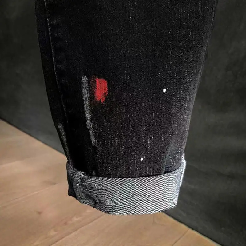 Autumn Korean Style Work Ripped Hole Black Cowboy Hip Hop Dotting Ink Slim Jeans Mens y Denim Pants for Men 260618CJ - view 4