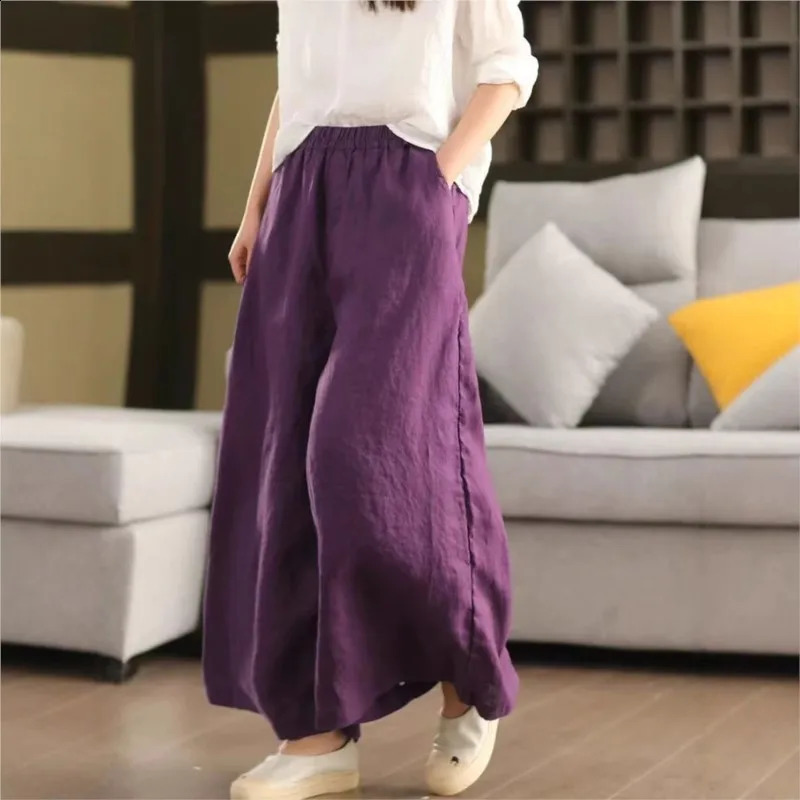 Johnature Women Vintage Linen Wide Leg Pants Elastic Waist Solid Color Trousers 2025 Spring Loose Casual Female Long 260615