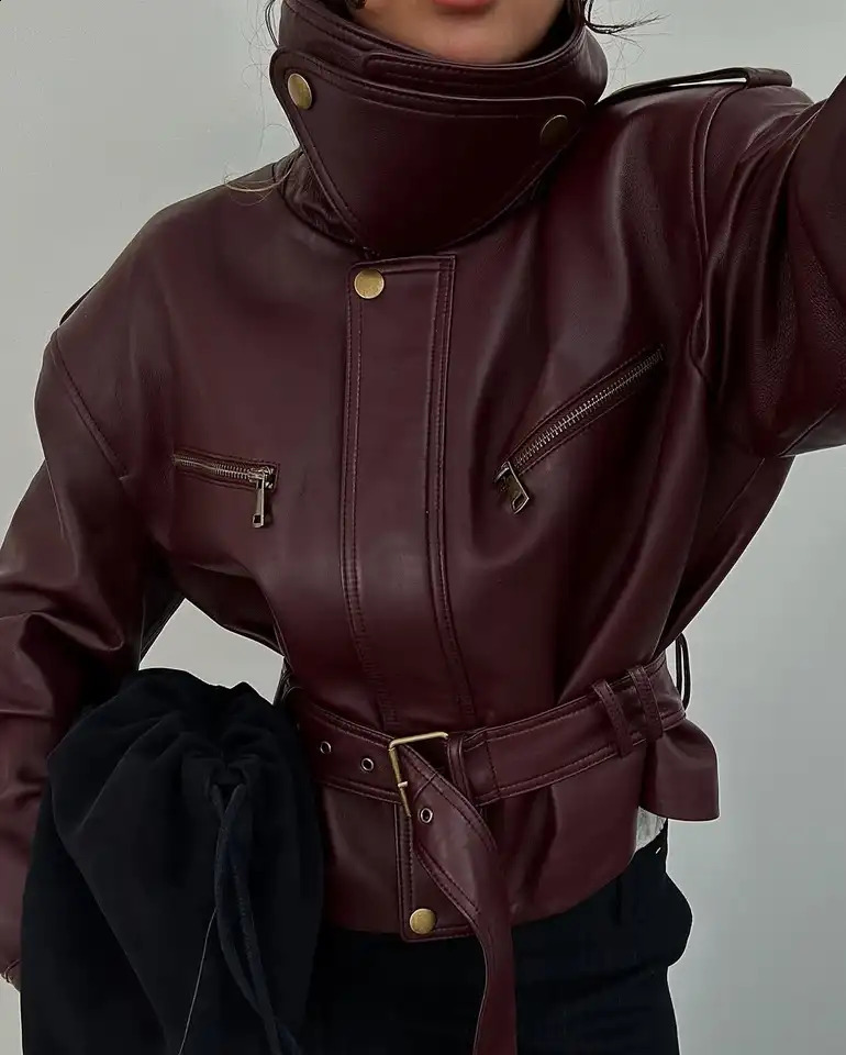 Retro Burgundy Waist Cinching Jacket Women Fashion Lace Up Stand Collar Zipper Bucket Short Jackets Lady High Street Coat 260618 - view 5