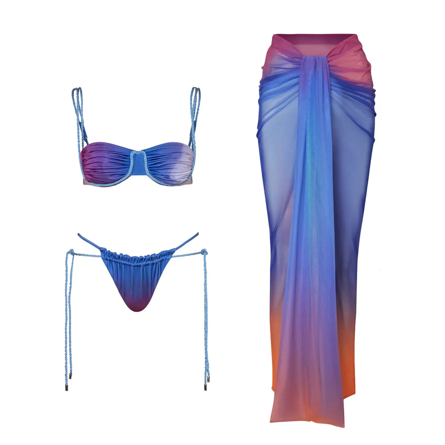 Gradient 3 Pieces Bikini Sexy Women Swimsuit Swimwear Female Long Dress Cover Up Bikini Set Beachwear Bathing Suit 260622 - view 5