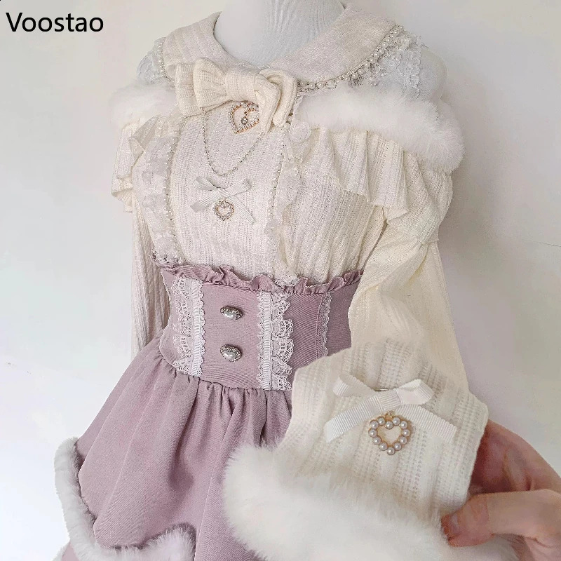 Japanese Style Gothic Y2k Lolita Skirt Set Women Sweet Fur Off Shoulder Bow Blouse Tops Plaid High Waist Theme Party Suits 260625 - view 7